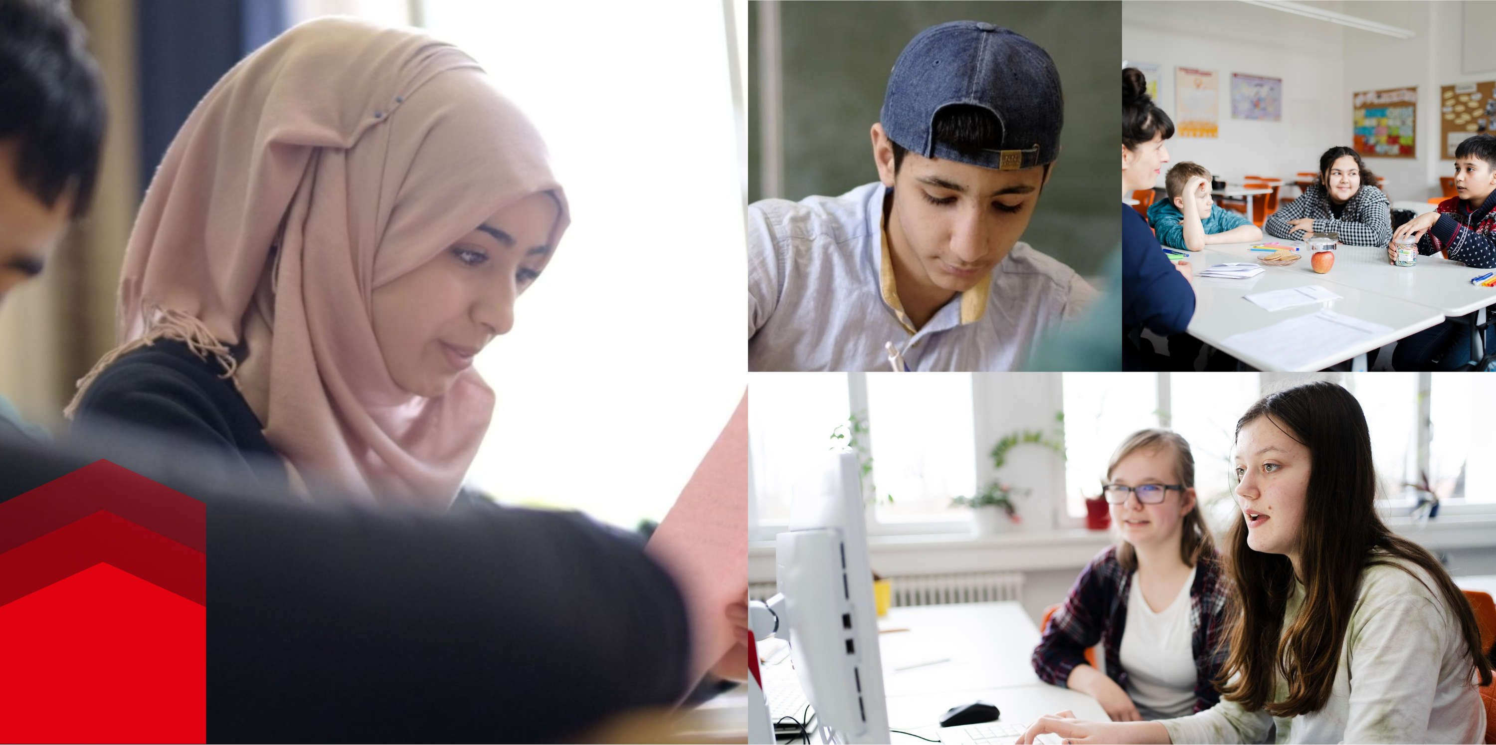 تجميعة صور بها أطفال من جنسيات مختلفة في المدرسة