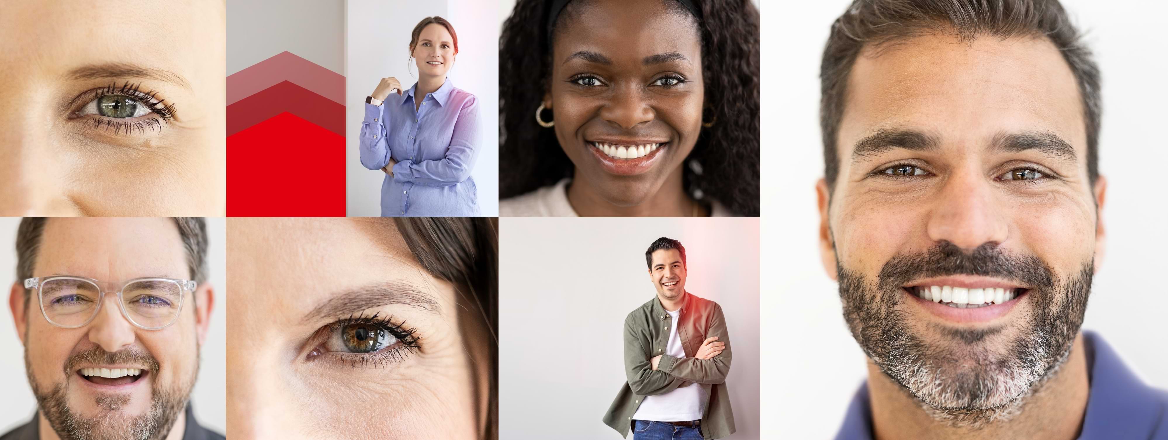The faces of various Henkel employees. They look confidently and smile.
