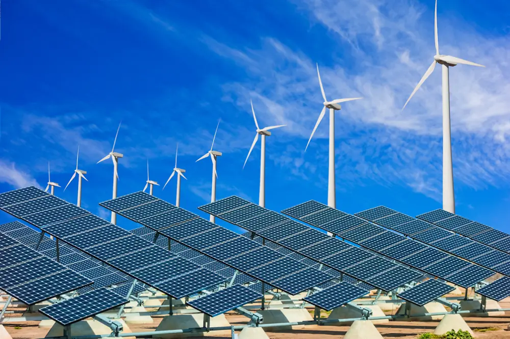 Wind turbines and solar panels, sustainable energy resources