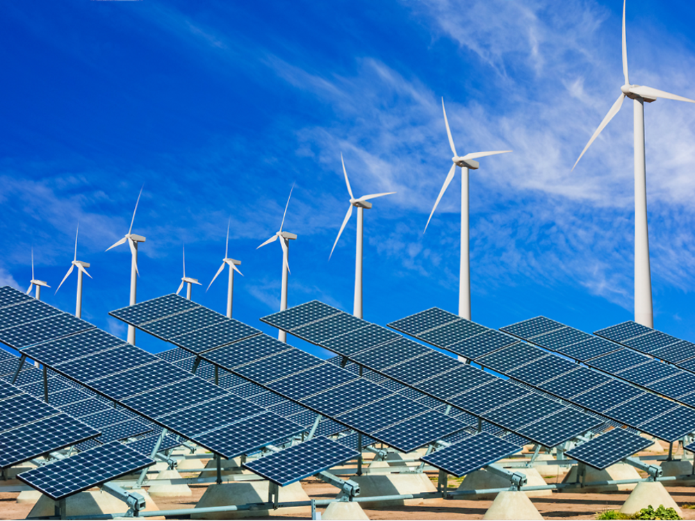 Wind turbines and solar panels, sustainable energy resources