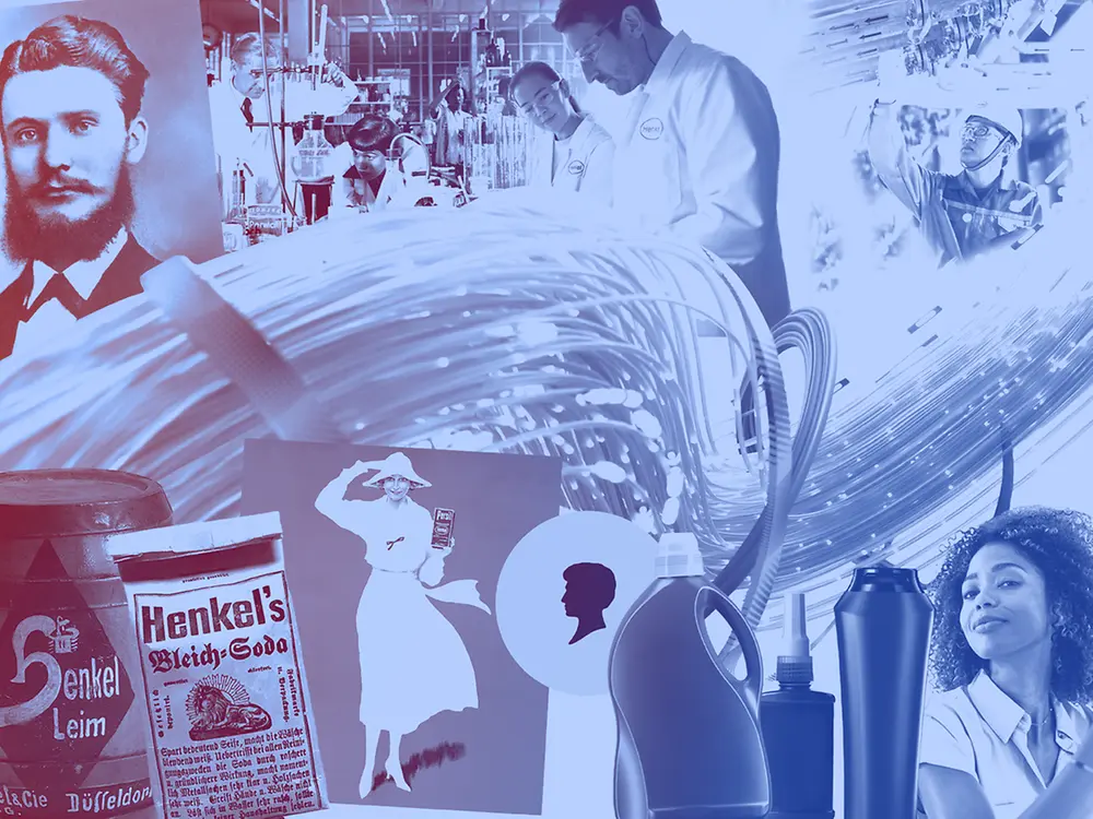 Collage of vintage Henkel products, detergent bottles, lab workers, and historical advertisements in blue tones.