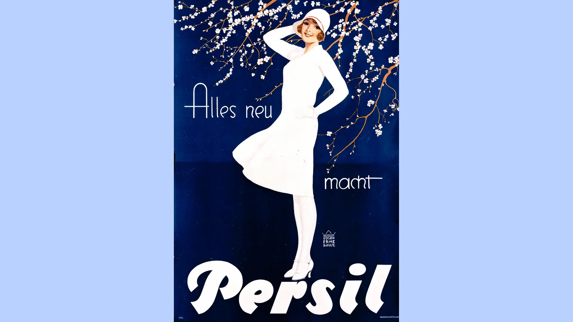 سيدة الأبيض على خلفية زرقاء داكنة مع أزهار الكرز وشعار: “Alles neu macht Persil” (برسيل يجدد كل شيء).