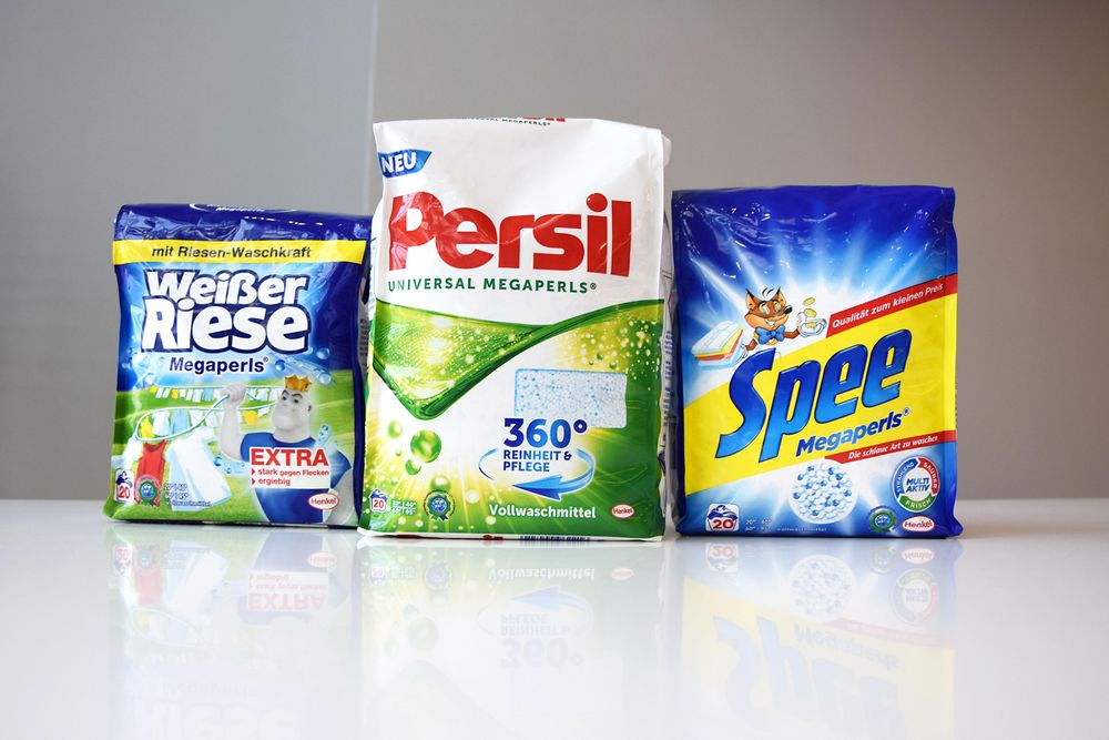 Henkel sells its Megaperls washing powder in a flexible package